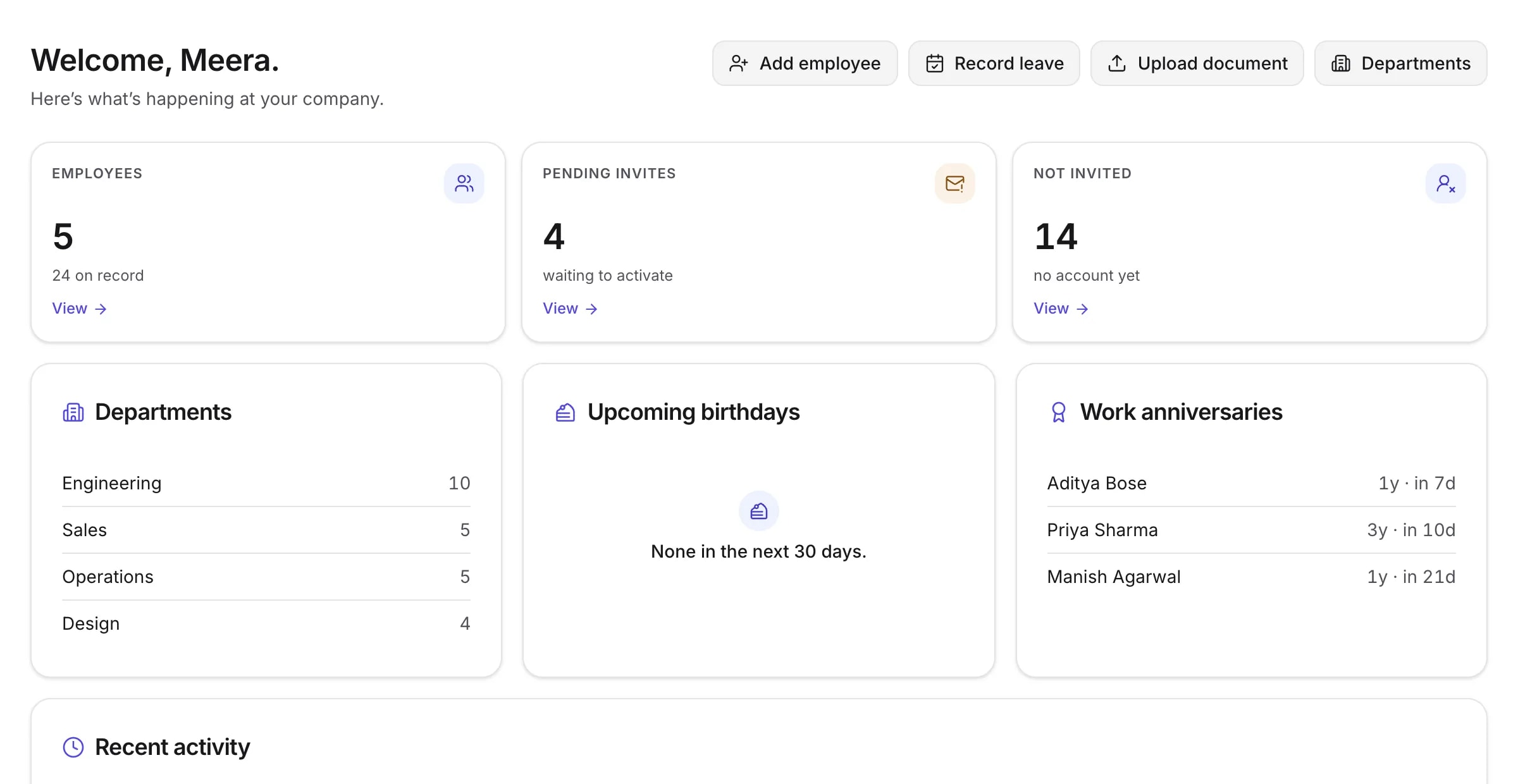 The TopexHR dashboard showing employee counts, departments, upcoming work anniversaries and recent activity