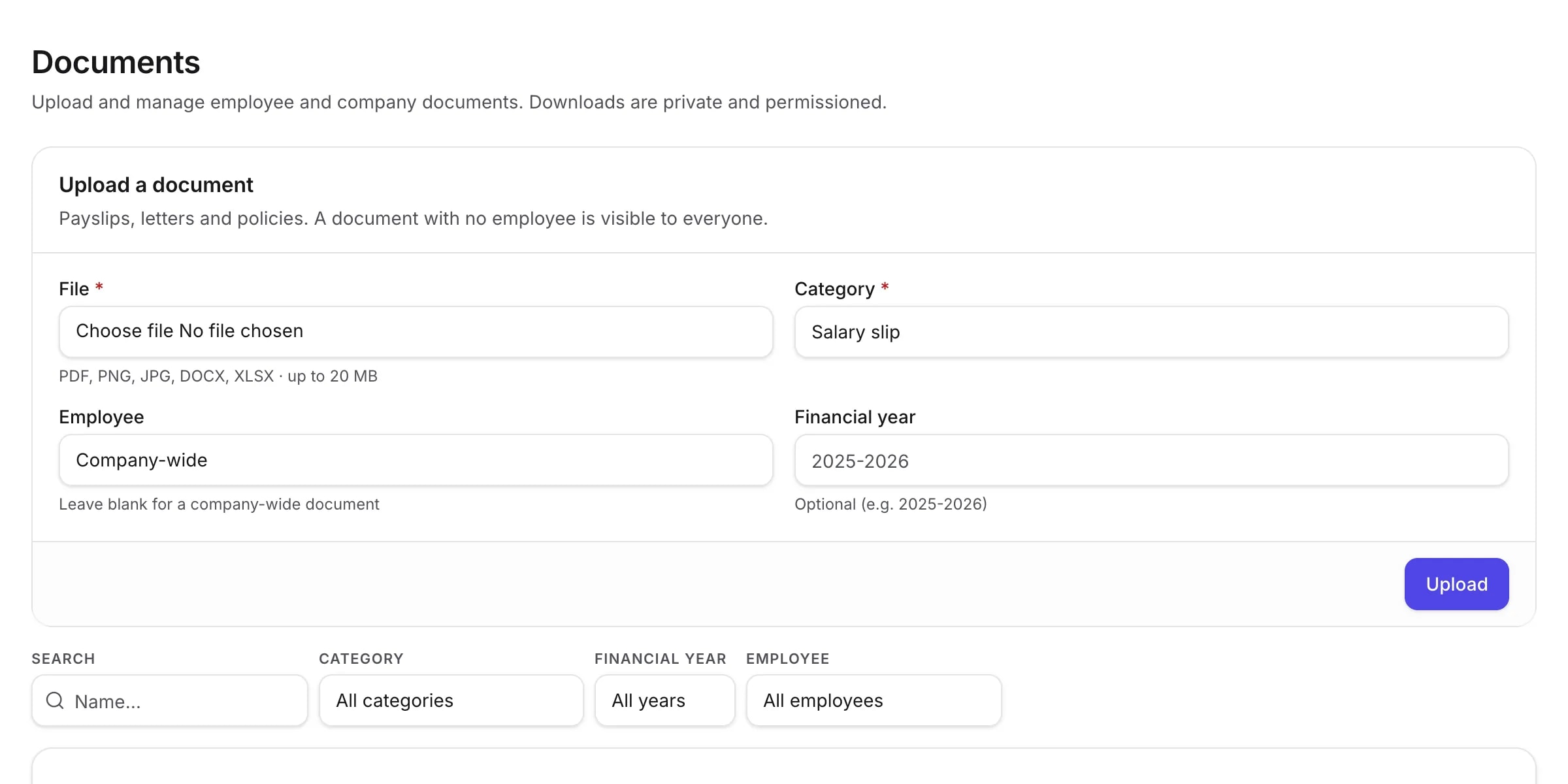 The documents screen with company and employee documents, filtered by category and financial year
