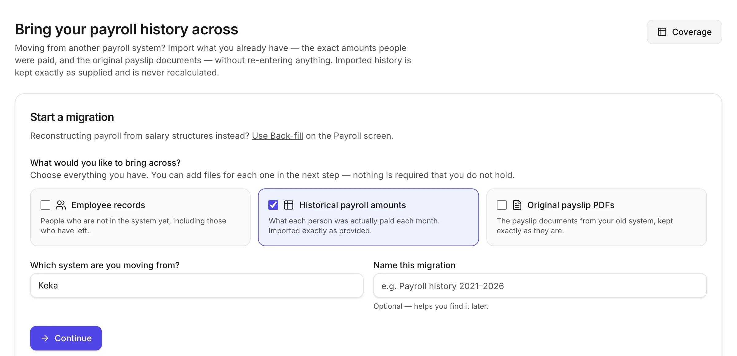 The historical payroll import screen explaining how payroll history is brought across from a previous system