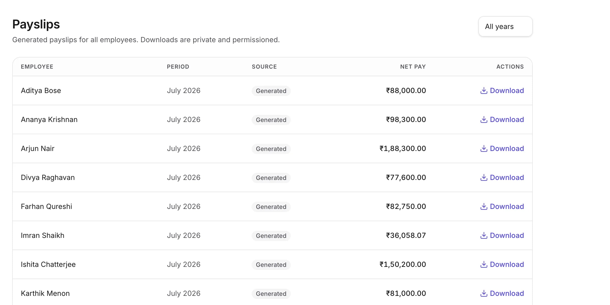 The payslips list filtered by year, with a download beside each employee