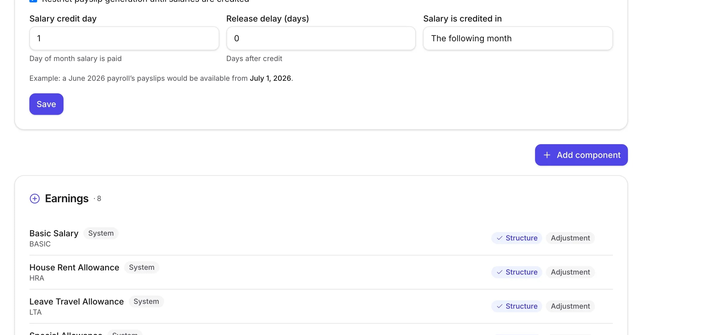 The salary component catalogue listing each earning and deduction the company has defined, with its code and type
